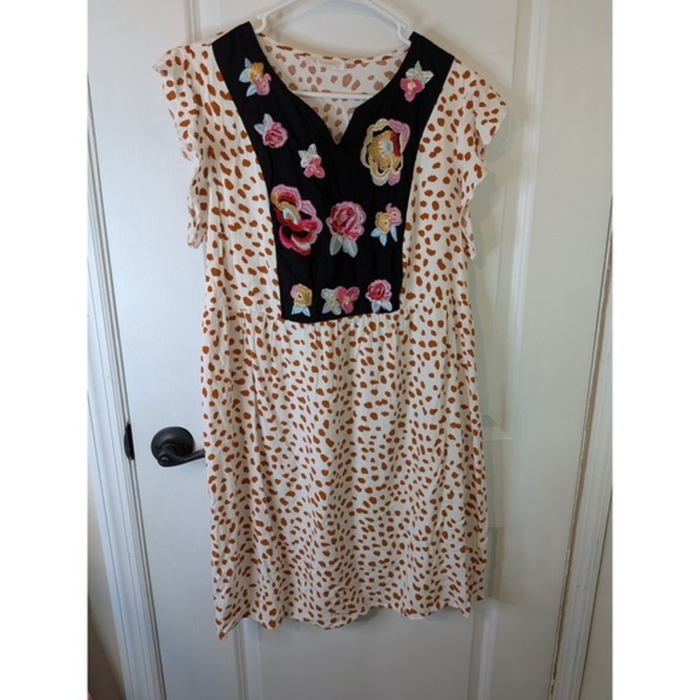 Kirundo Womens Embroidered Floral Animal Print V-Neck Flutter Sleeve Dress M
